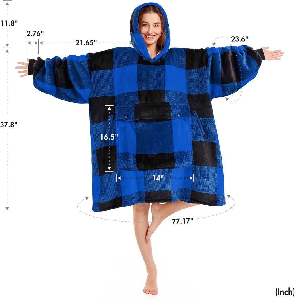 Blanket Hoodie Women & Man,Premium Sherpa Fleece Oversized Hoodie Blanket with Giant Pocket for Women,Super Cozy and Big Wearable Blanket Hoodie Gift Blue Plaid