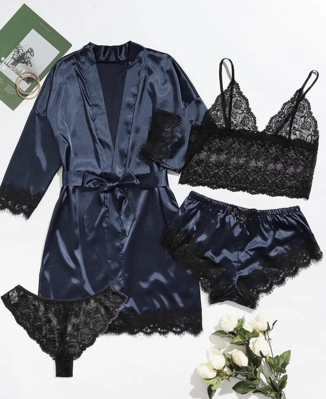 2025New Women'S Pajama Fashion 4-Piece Set Lace Satin Strap Sexy Pajama Set Dress Skin Friendly Comfortable Casual Pajama Skirt