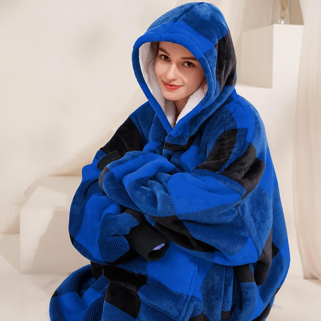 Blanket Hoodie Women & Man,Premium Sherpa Fleece Oversized Hoodie Blanket with Giant Pocket for Women,Super Cozy and Big Wearable Blanket Hoodie Gift Blue Plaid