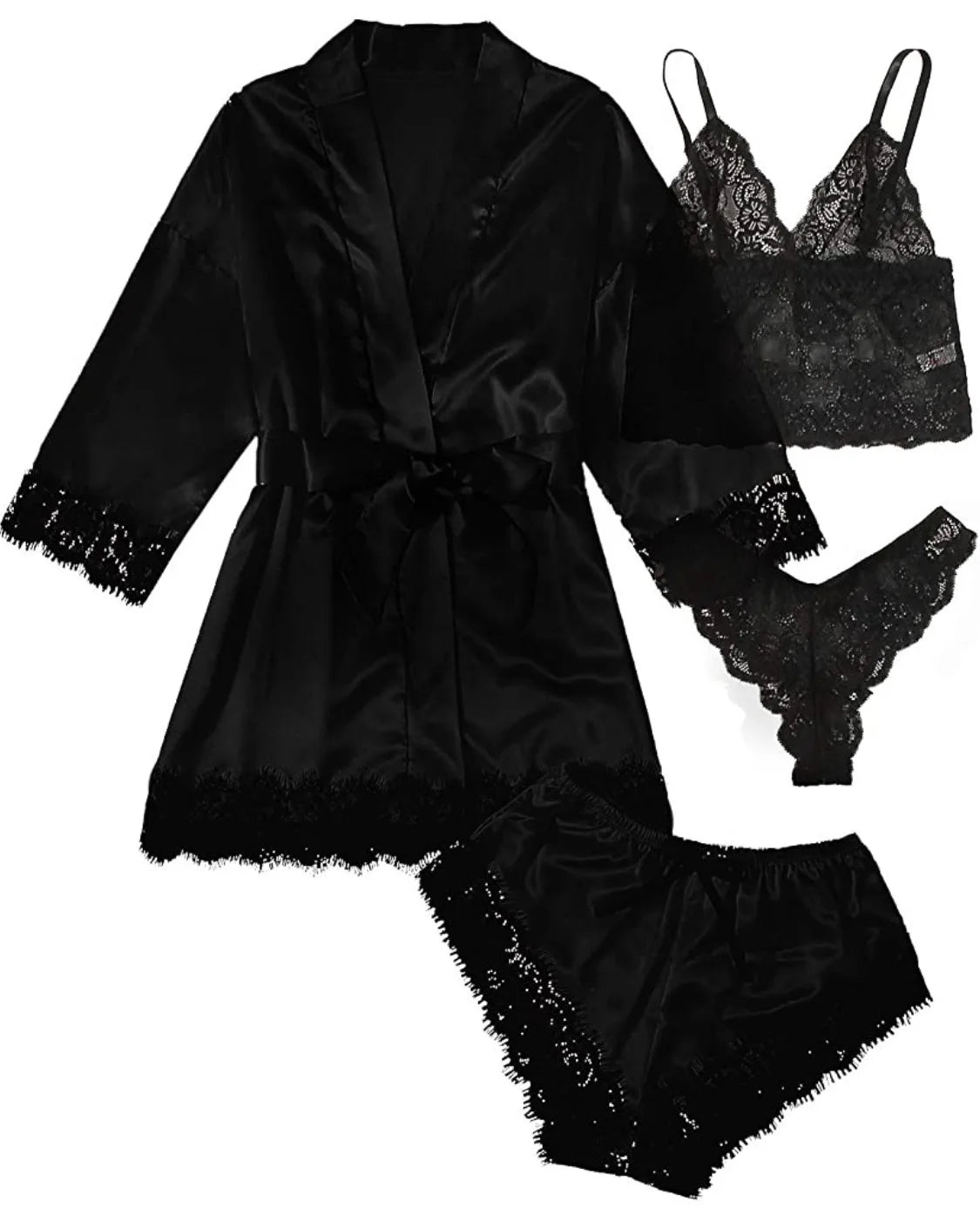 2025New Women'S Pajama Fashion 4-Piece Set Lace Satin Strap Sexy Pajama Set Dress Skin Friendly Comfortable Casual Pajama Skirt
