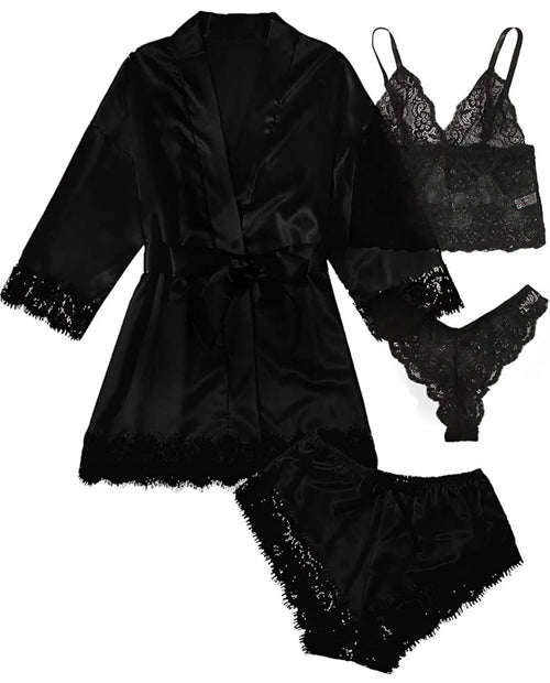 2025New Women'S Pajama Fashion 4-Piece Set Lace Satin Strap Sexy Pajama Set Dress Skin Friendly Comfortable Casual Pajama Skirt