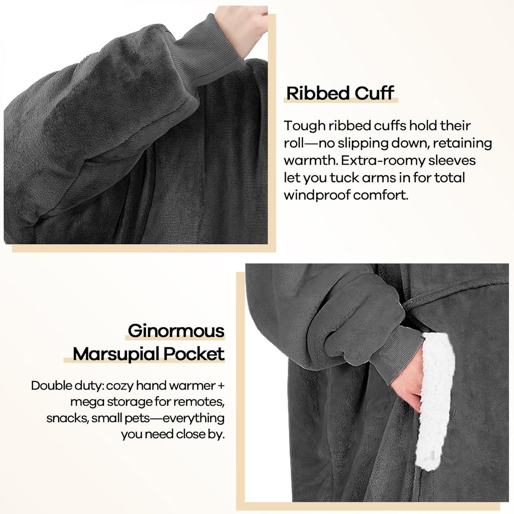Wearable Blanket Hoodie, Flannel Sherpa Fleece Blanket Sweatshirt for Adults Women Men,One Size Fits All