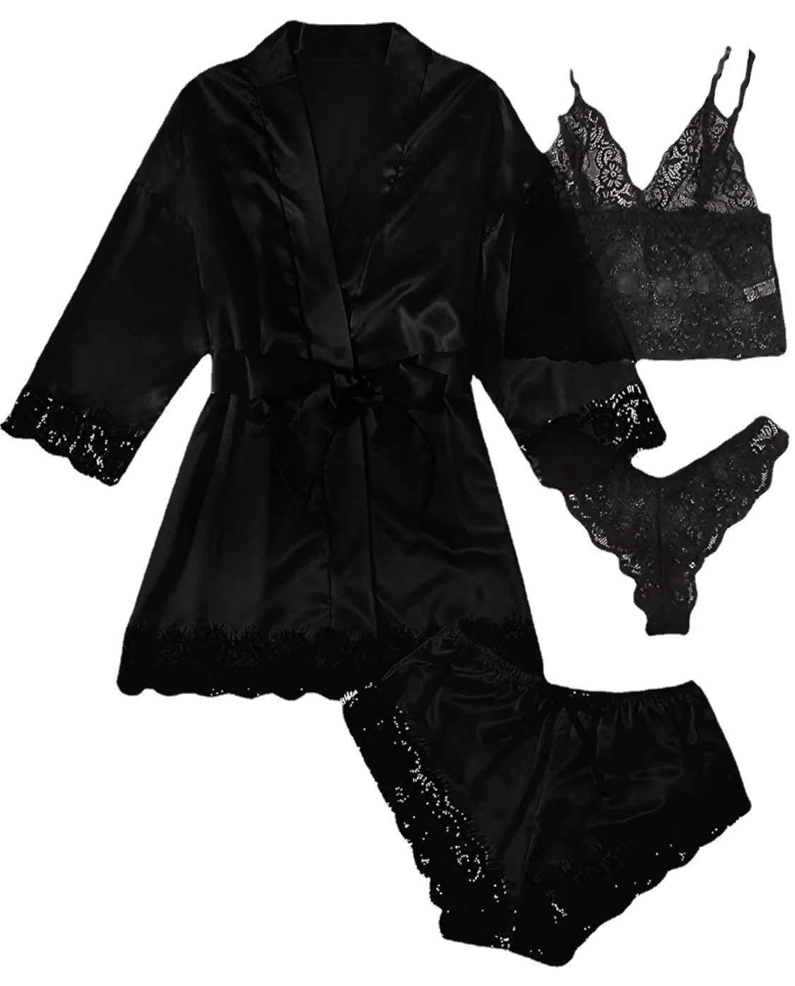 2025New Women'S Pajama Fashion 4-Piece Set Lace Satin Strap Sexy Pajama Set Dress Skin Friendly Comfortable Casual Pajama Skirt
