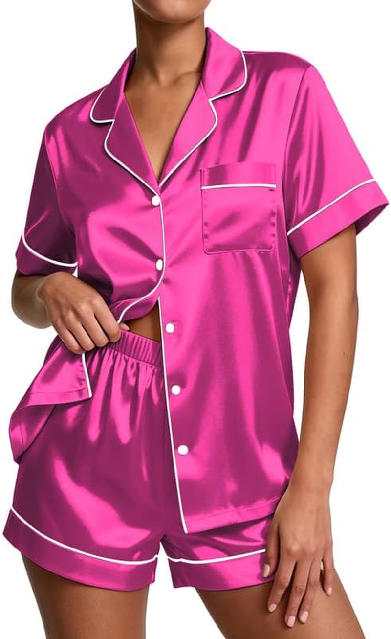 Pajamas for Women Set Silk Satin Pjs Button down Sleepwear Summer Loungewear Top and Shorts Lounge Set S-XXL