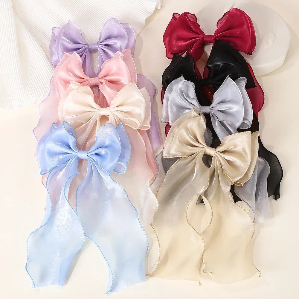 Girls Long Big Bow Float Satin Clips Back Head Hair Clip Internet Red with the Same Temperament Elegant Hair Accessories Gifts