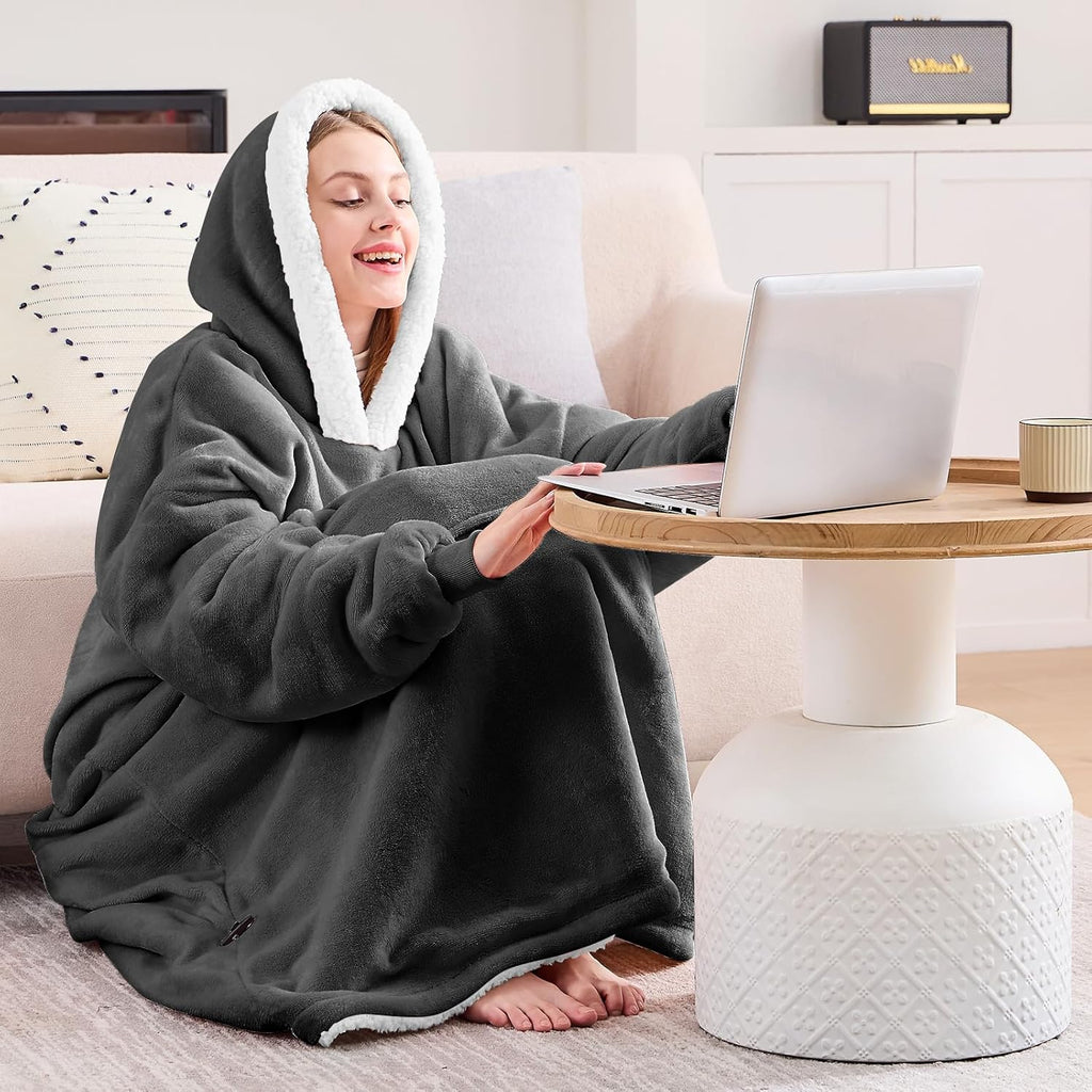 Wearable Blanket Hoodie, Flannel Sherpa Fleece Blanket Sweatshirt for Adults Women Men,One Size Fits All