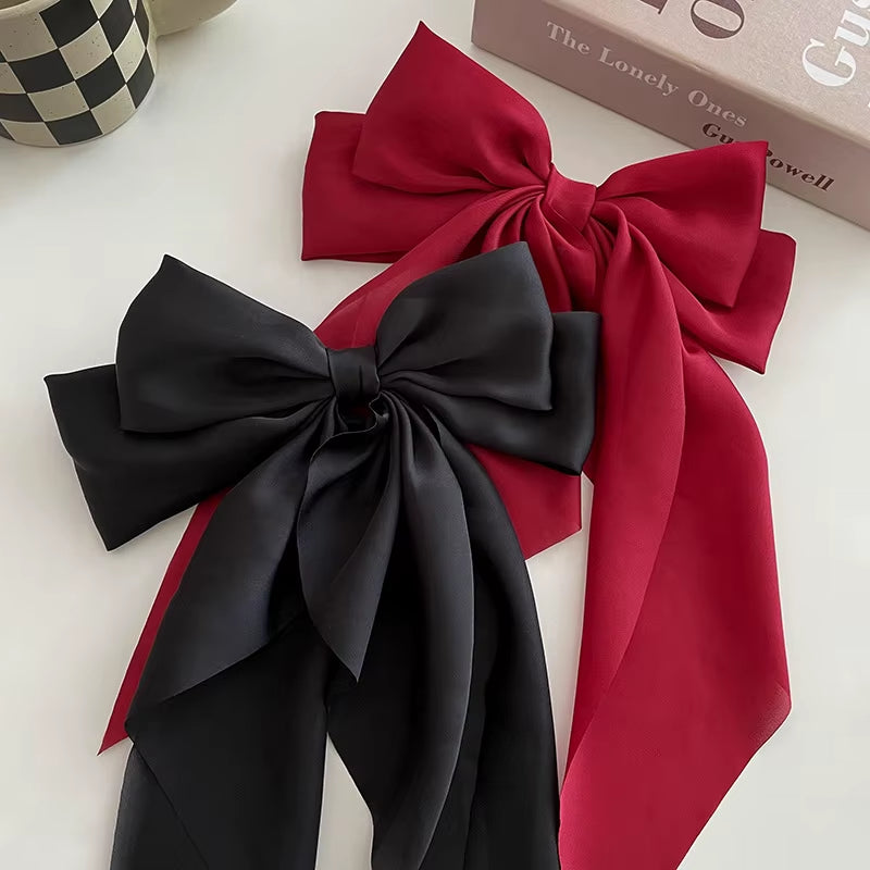 Korean Accessories Hair Clips for Women Girls Big Bowknot Solid Satin Long Ribbon Bows Spring Clamp Barette Cheveux Femme 2023