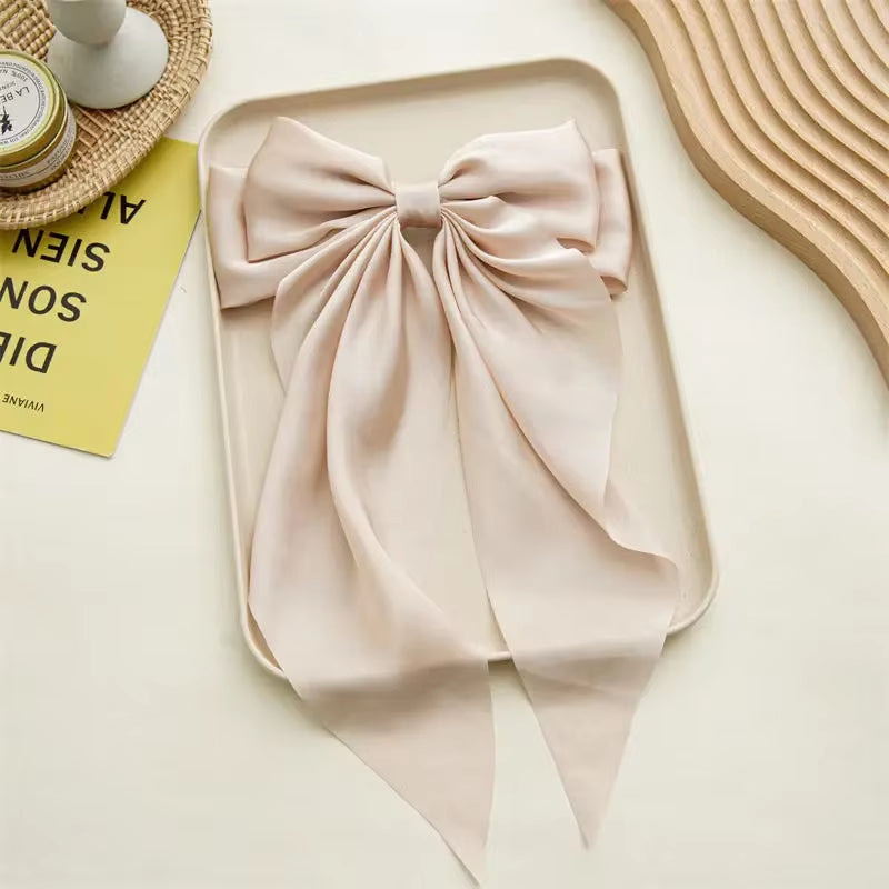Korean Accessories Hair Clips for Women Girls Big Bowknot Solid Satin Long Ribbon Bows Spring Clamp Barette Cheveux Femme 2023
