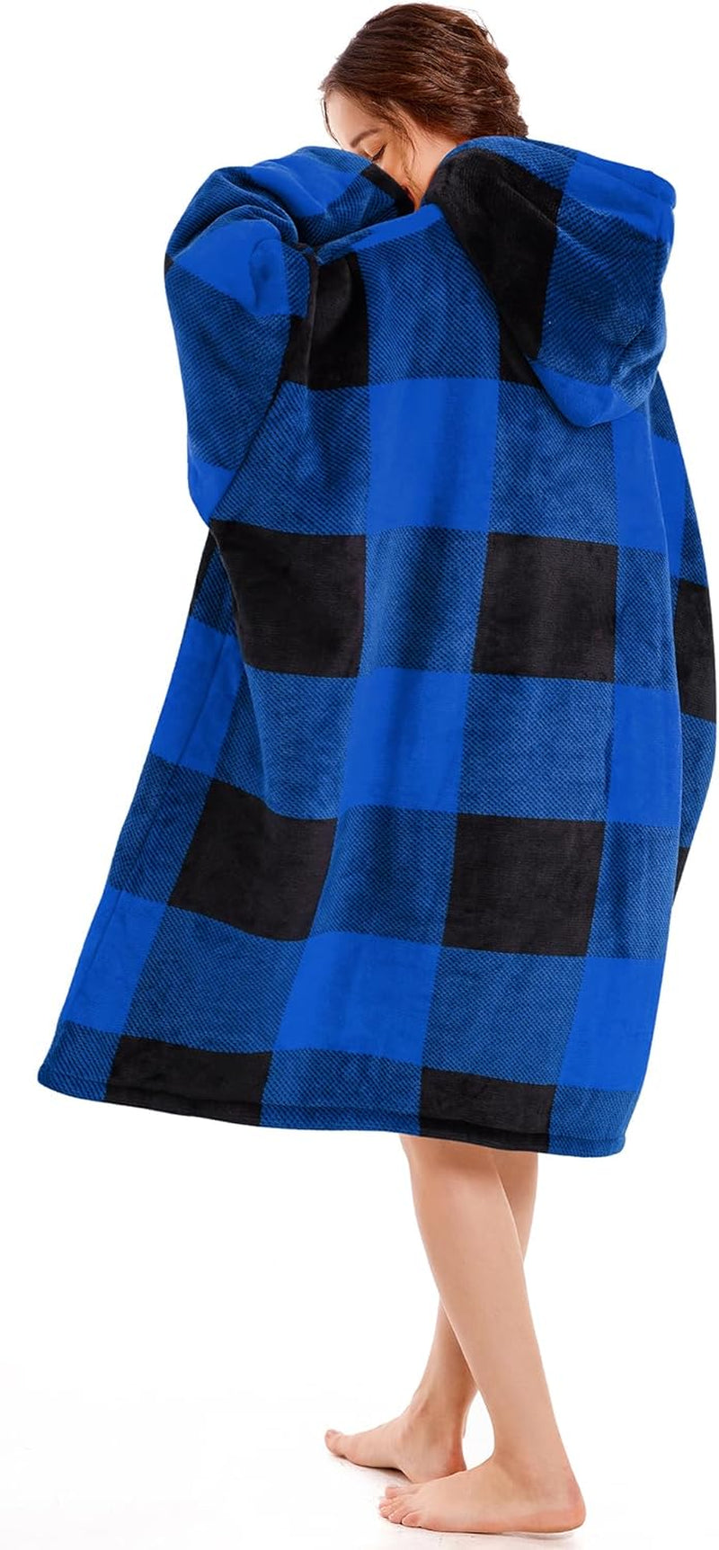 Blanket Hoodie Women & Man,Premium Sherpa Fleece Oversized Hoodie Blanket with Giant Pocket for Women,Super Cozy and Big Wearable Blanket Hoodie Gift Blue Plaid
