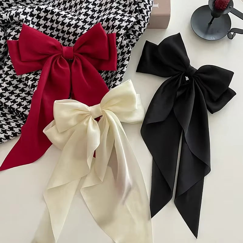 Korean Accessories Hair Clips for Women Girls Big Bowknot Solid Satin Long Ribbon Bows Spring Clamp Barette Cheveux Femme 2023