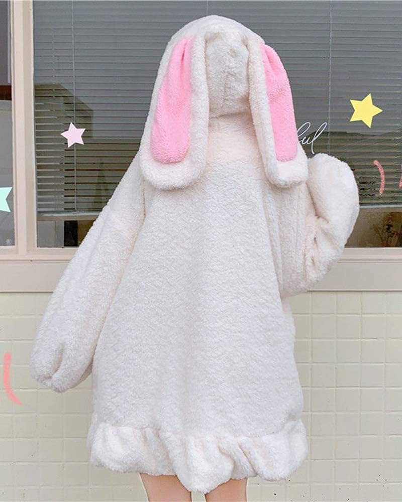 Kawaii Anime Bunny Ear Hoodies for Women Sweet Lovely Fuzzy Fluffy Rabbit Sweater Tops Cosplay Jacket Coats