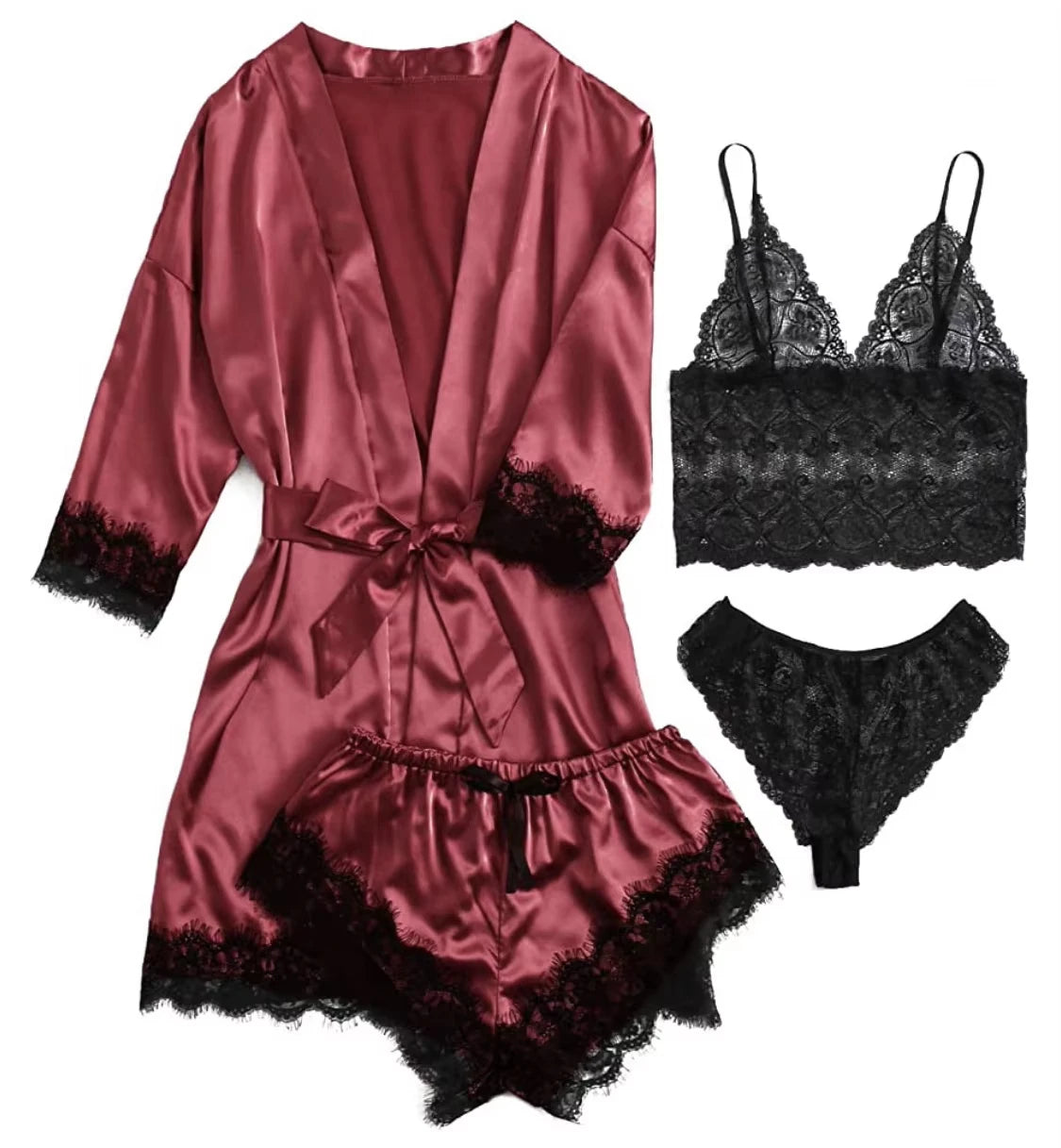 2025New Women'S Pajama Fashion 4-Piece Set Lace Satin Strap Sexy Pajama Set Dress Skin Friendly Comfortable Casual Pajama Skirt