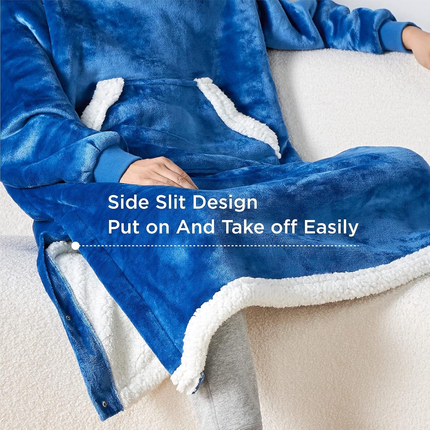 Bedsure Blanket Hoodie Women Men - Long-Length Wearable Hooded Blanket Sweatshirt Adult with Side Split and Belt, Warm Sherpa Fleece Blanket Jacket, Teal