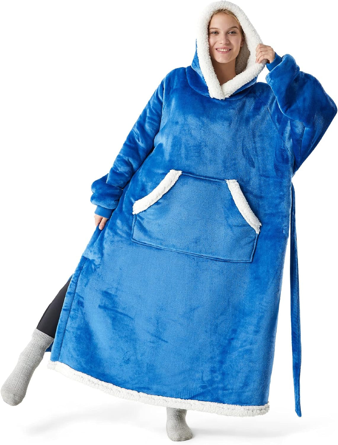 Bedsure Blanket Hoodie Women Men - Long-Length Wearable Hooded Blanket Sweatshirt Adult with Side Split and Belt, Warm Sherpa Fleece Blanket Jacket, Teal
