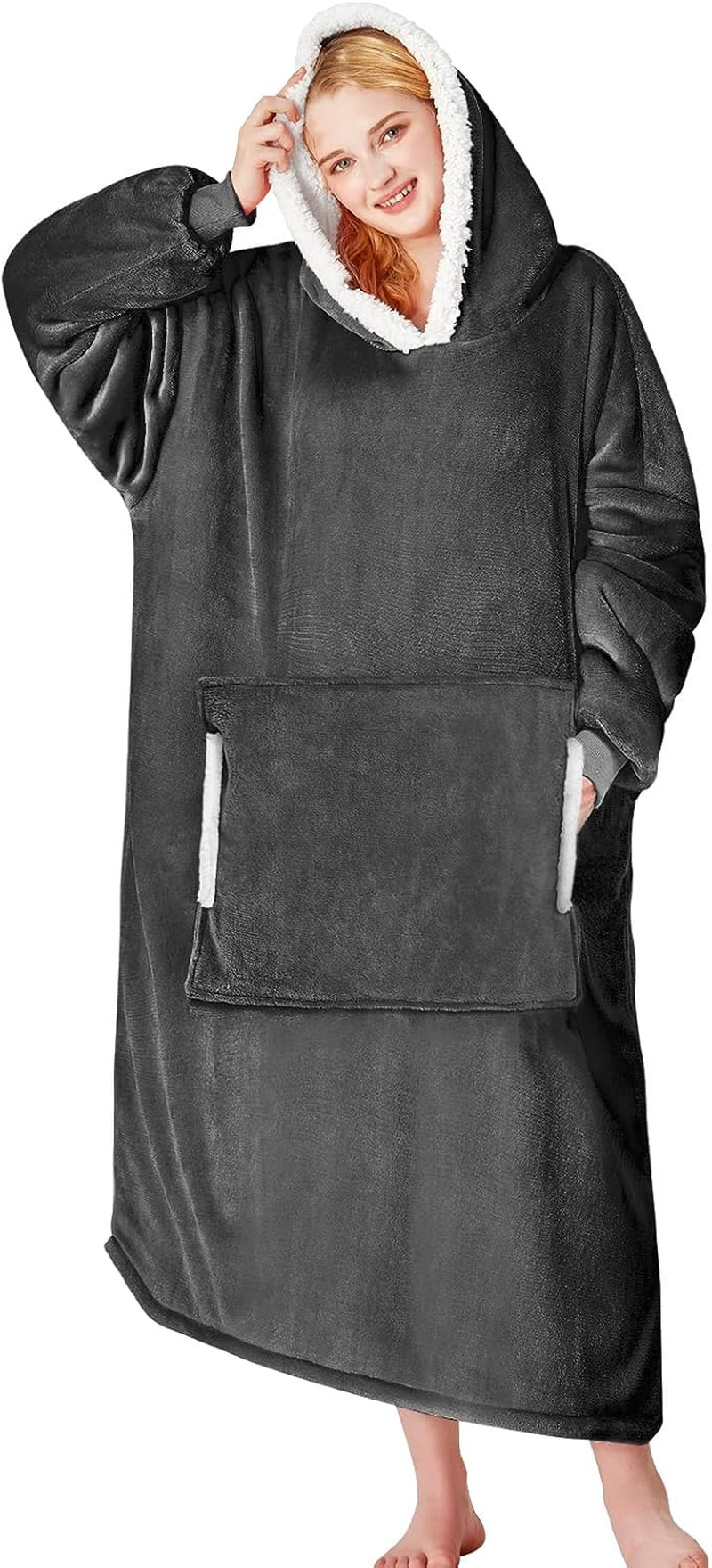 Wearable Blanket Hoodie, Flannel Sherpa Fleece Blanket Sweatshirt for Adults Women Men,One Size Fits All