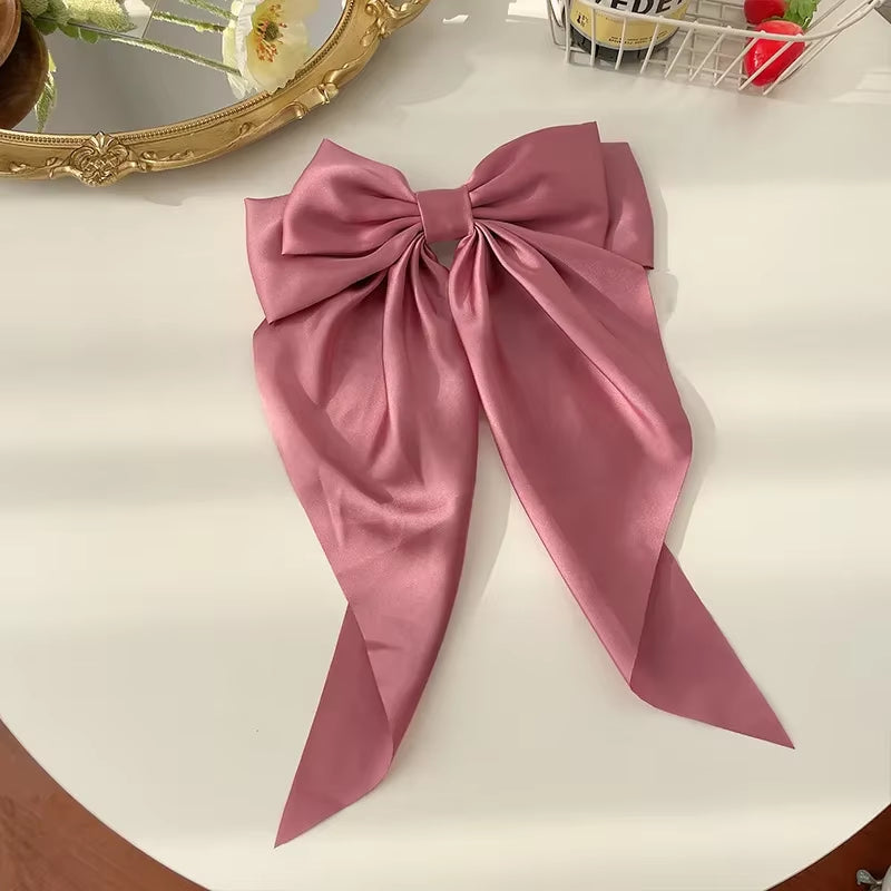Korean Accessories Hair Clips for Women Girls Big Bowknot Solid Satin Long Ribbon Bows Spring Clamp Barette Cheveux Femme 2023
