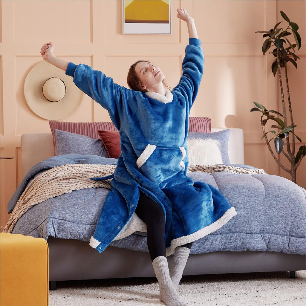Bedsure Blanket Hoodie Women Men - Long-Length Wearable Hooded Blanket Sweatshirt Adult with Side Split and Belt, Warm Sherpa Fleece Blanket Jacket, Teal