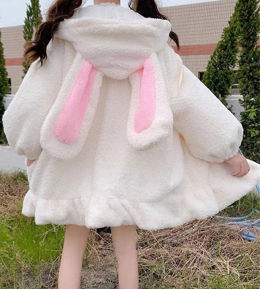 Kawaii Anime Bunny Ear Hoodies for Women Sweet Lovely Fuzzy Fluffy Rabbit Sweater Tops Cosplay Jacket Coats