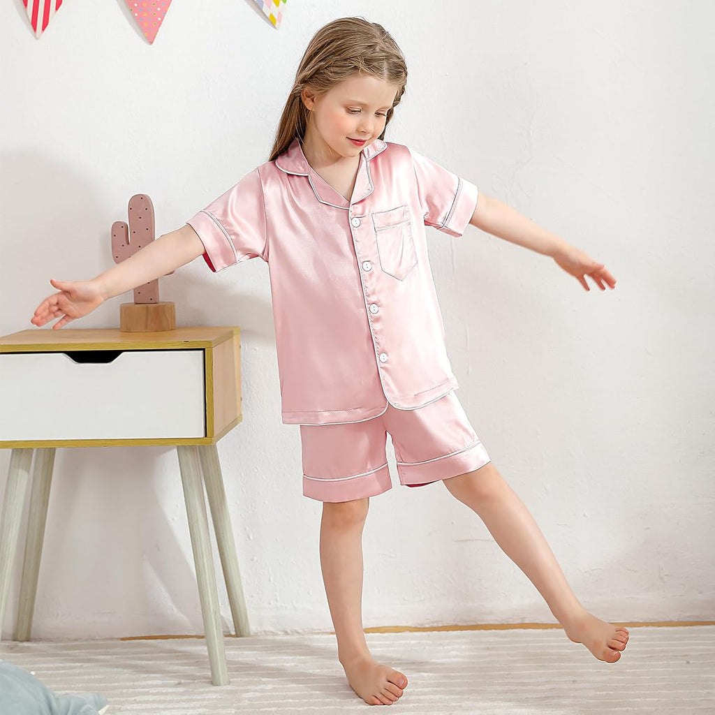 Pajama Set for Kid Baby Boy Girl Button-Up Silk Pajama Sleepwear Nightwear Loungewear Clothes Set Gifts for Kids