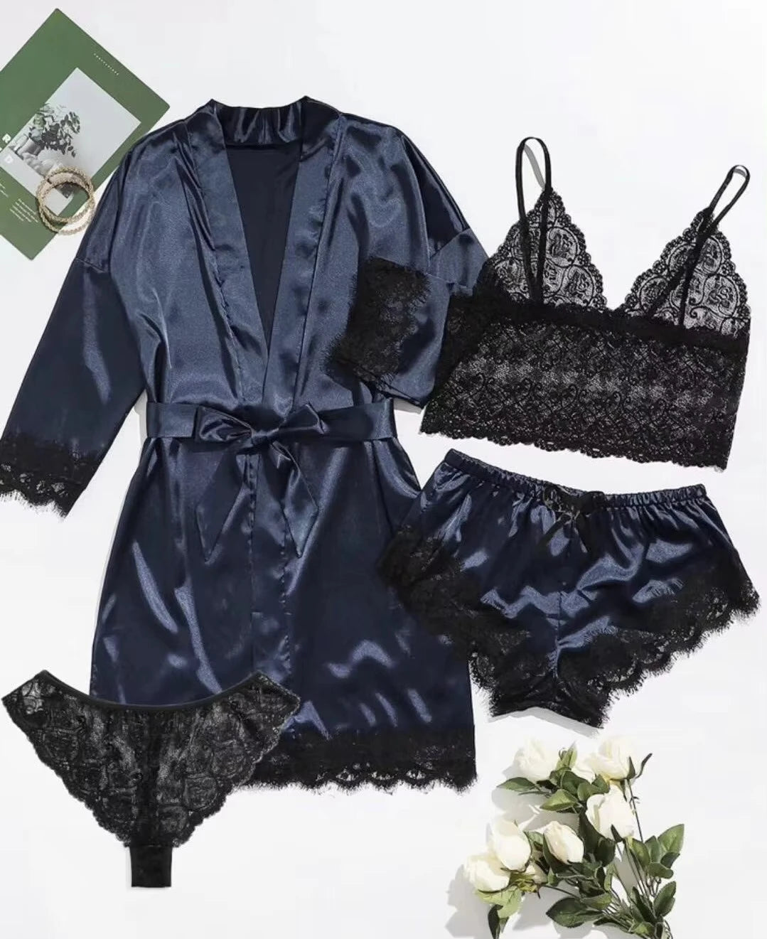 2025New Women'S Pajama Fashion 4-Piece Set Lace Satin Strap Sexy Pajama Set Dress Skin Friendly Comfortable Casual Pajama Skirt
