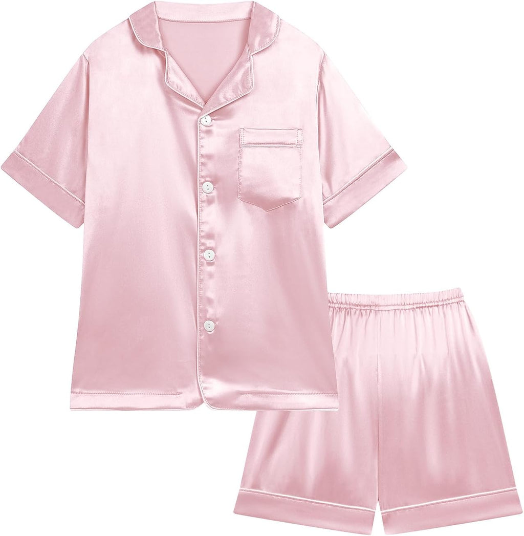 Pajama Set for Kid Baby Boy Girl Button-Up Silk Pajama Sleepwear Nightwear Loungewear Clothes Set Gifts for Kids