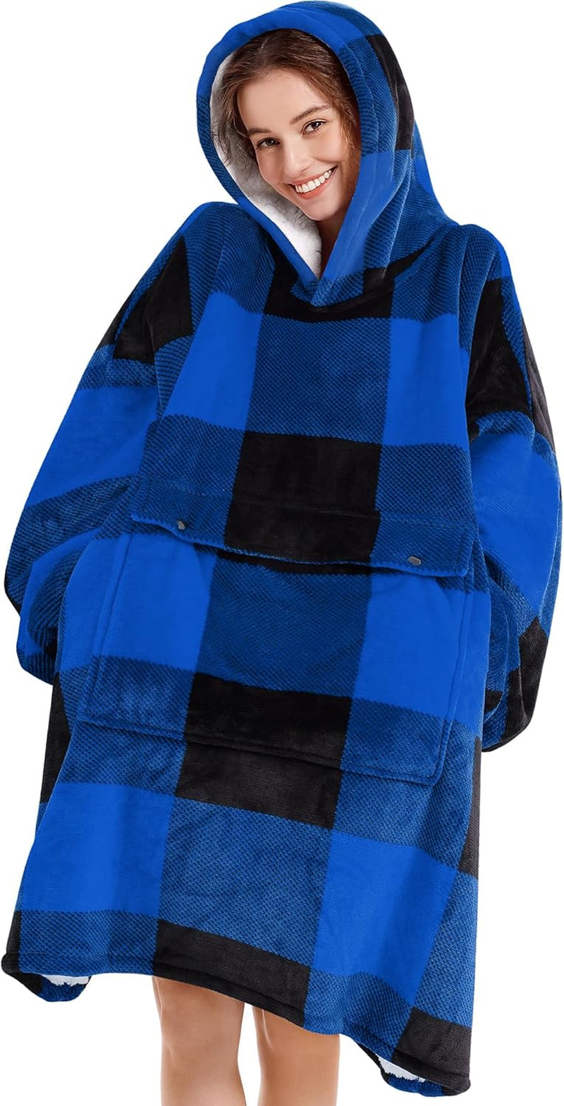 Blanket Hoodie Women & Man,Premium Sherpa Fleece Oversized Hoodie Blanket with Giant Pocket for Women,Super Cozy and Big Wearable Blanket Hoodie Gift Blue Plaid