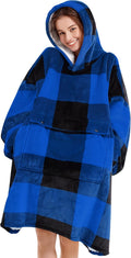 Blanket Hoodie Women & Man,Premium Sherpa Fleece Oversized Hoodie Blanket with Giant Pocket for Women,Super Cozy and Big Wearable Blanket Hoodie Gift Blue Plaid