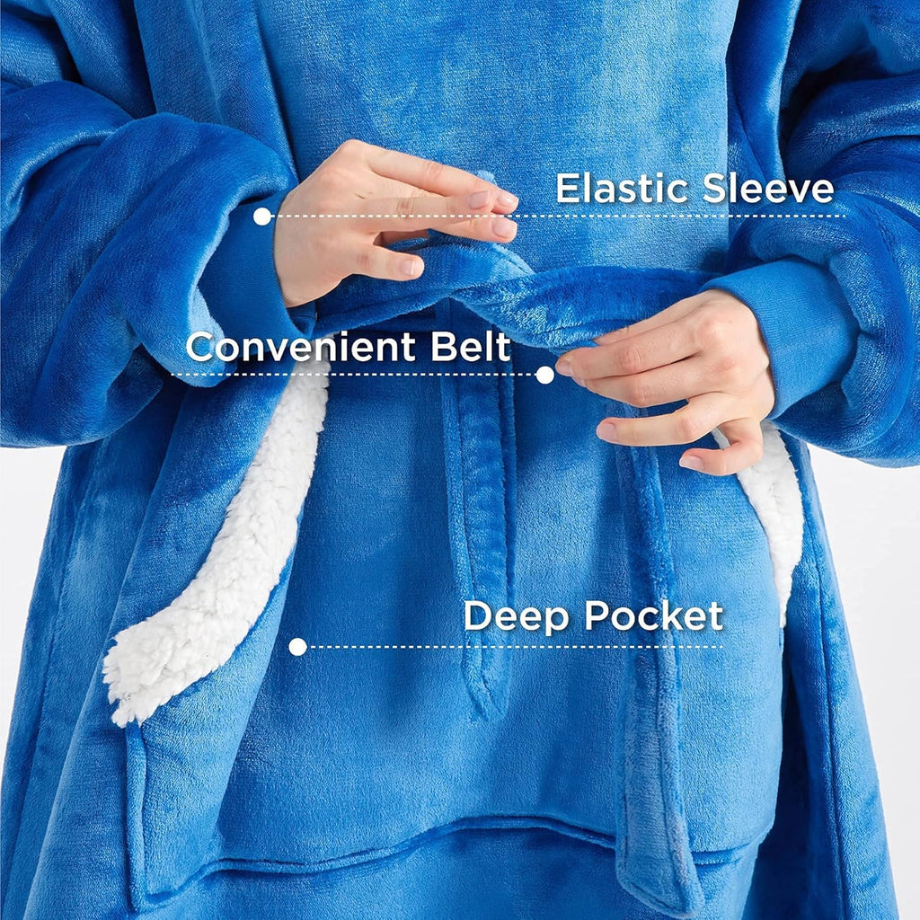 Bedsure Blanket Hoodie Women Men - Long-Length Wearable Hooded Blanket Sweatshirt Adult with Side Split and Belt, Warm Sherpa Fleece Blanket Jacket, Teal