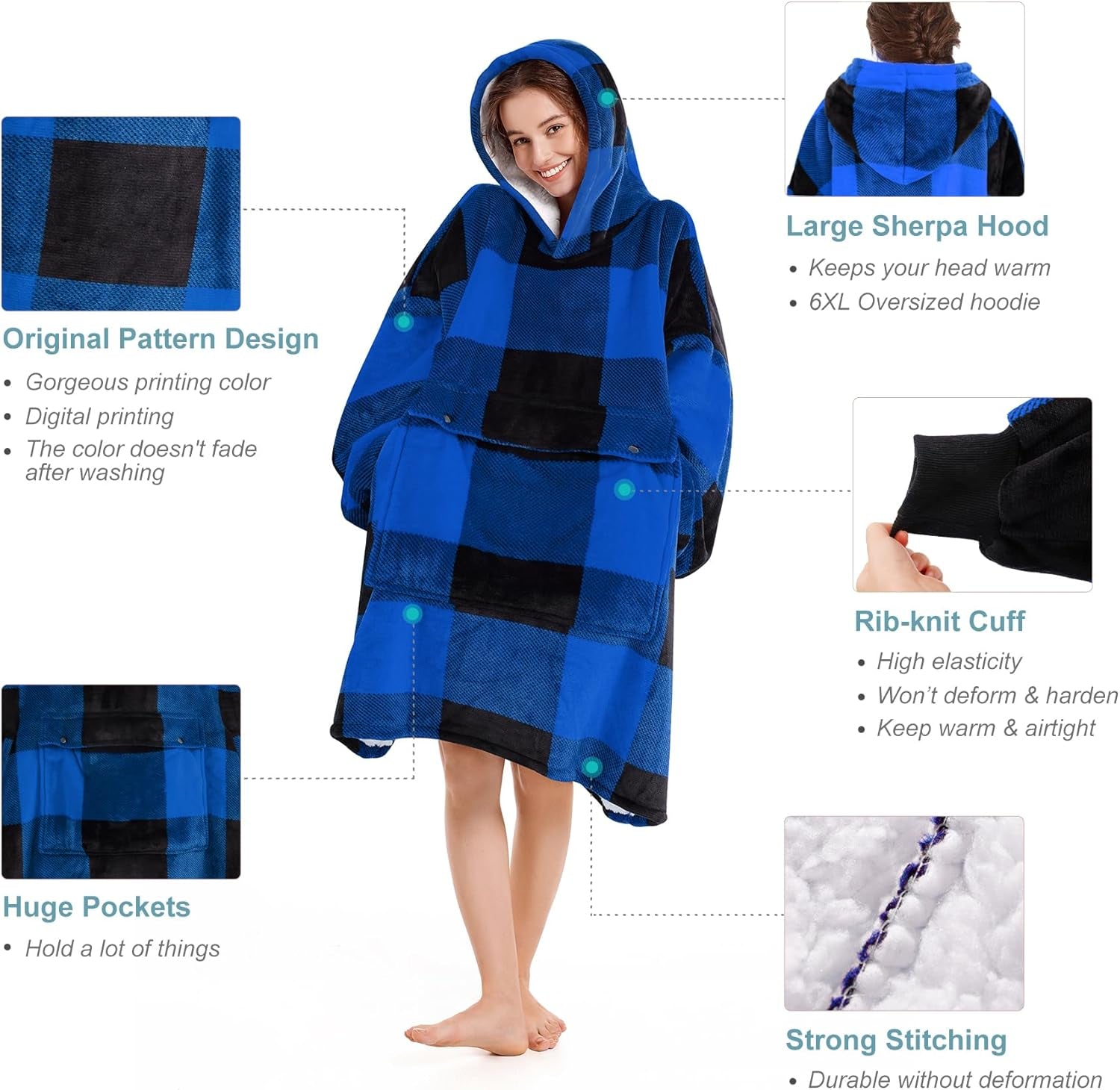 Blanket Hoodie Women & Man,Premium Sherpa Fleece Oversized Hoodie Blanket with Giant Pocket for Women,Super Cozy and Big Wearable Blanket Hoodie Gift Blue Plaid