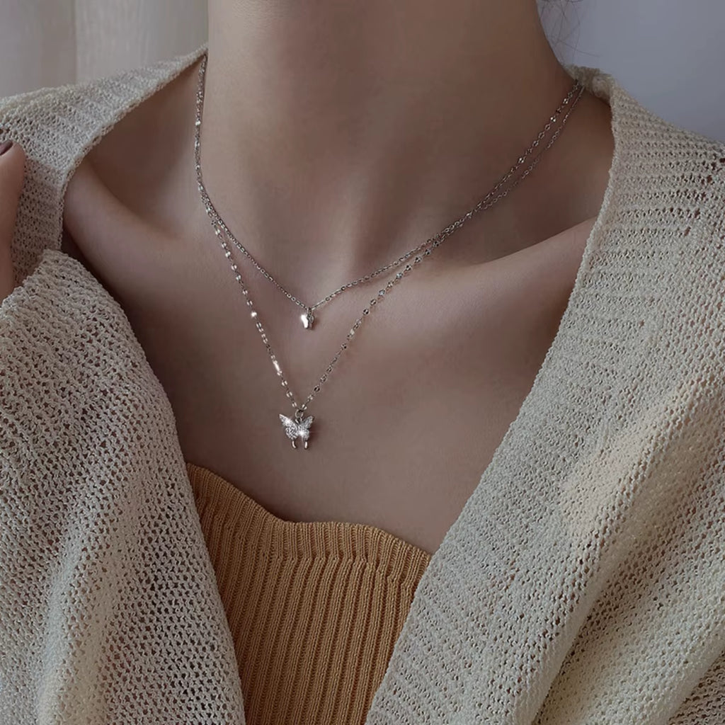 New Shiny Butterfly Necklace Ladies Exquisite Double Layer Clavicle Chain Necklace Jewelry for Ladies Gift