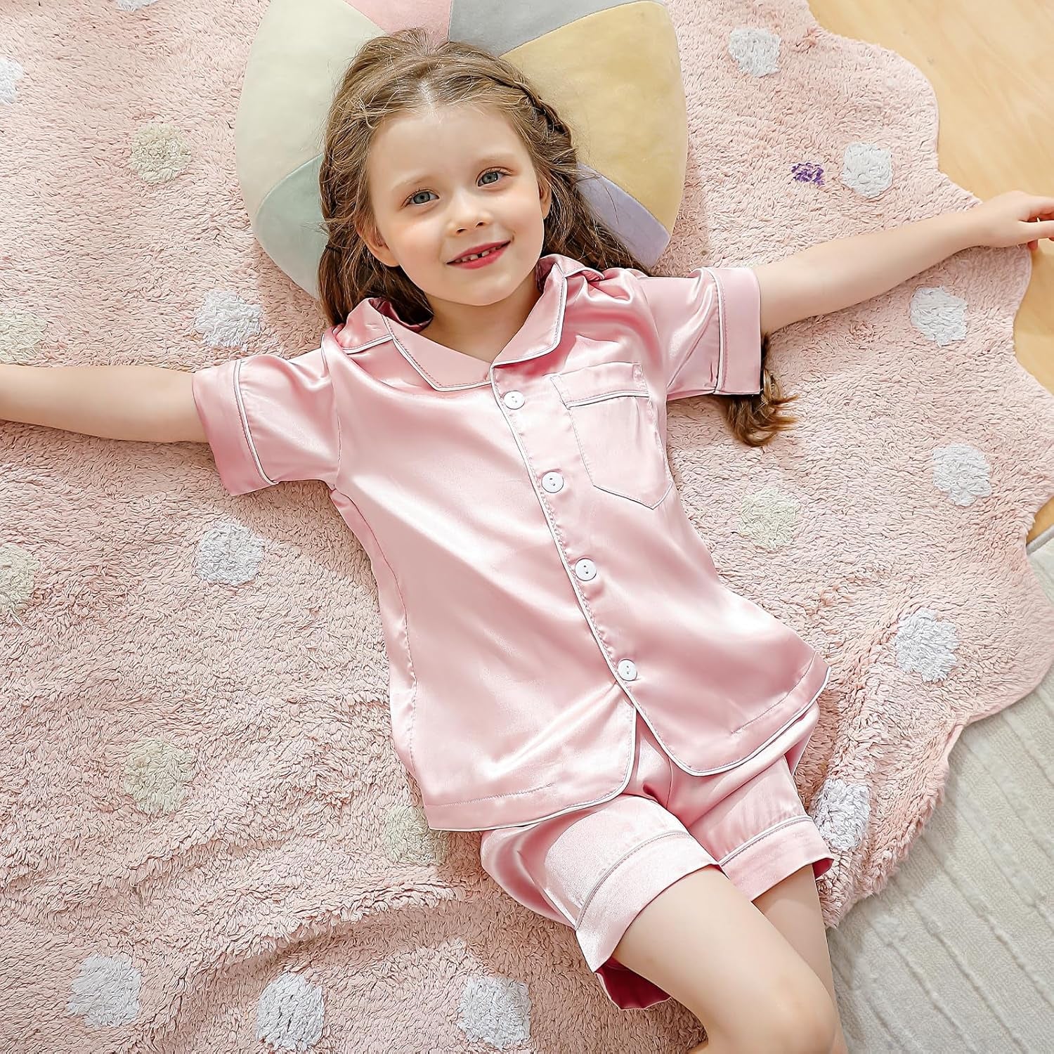 Pajama Set for Kid Baby Boy Girl Button-Up Silk Pajama Sleepwear Nightwear Loungewear Clothes Set Gifts for Kids