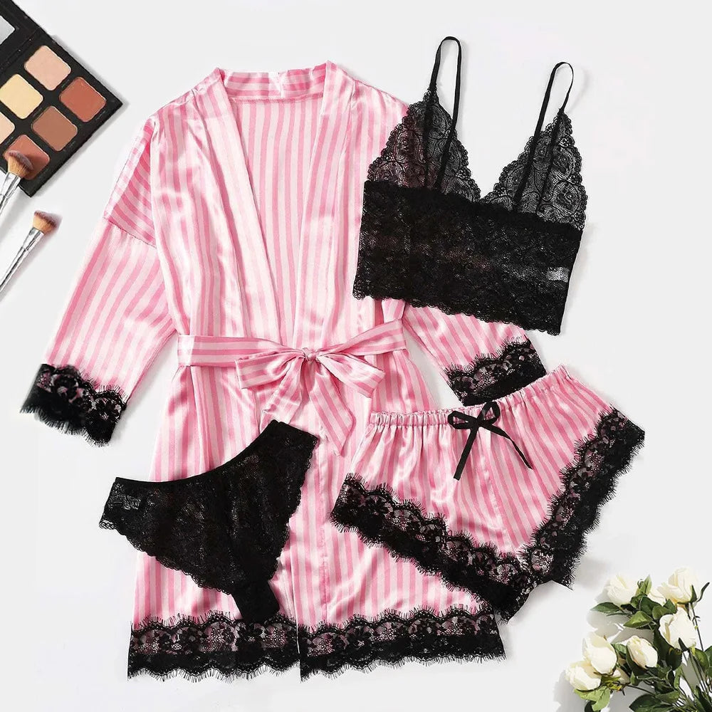 2025New Women'S Pajama Fashion 4-Piece Set Lace Satin Strap Sexy Pajama Set Dress Skin Friendly Comfortable Casual Pajama Skirt