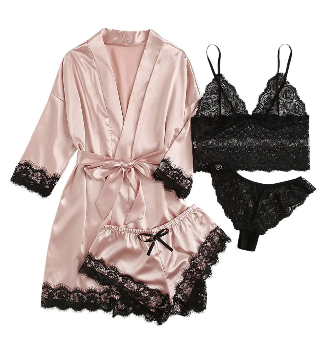 2025New Women'S Pajama Fashion 4-Piece Set Lace Satin Strap Sexy Pajama Set Dress Skin Friendly Comfortable Casual Pajama Skirt