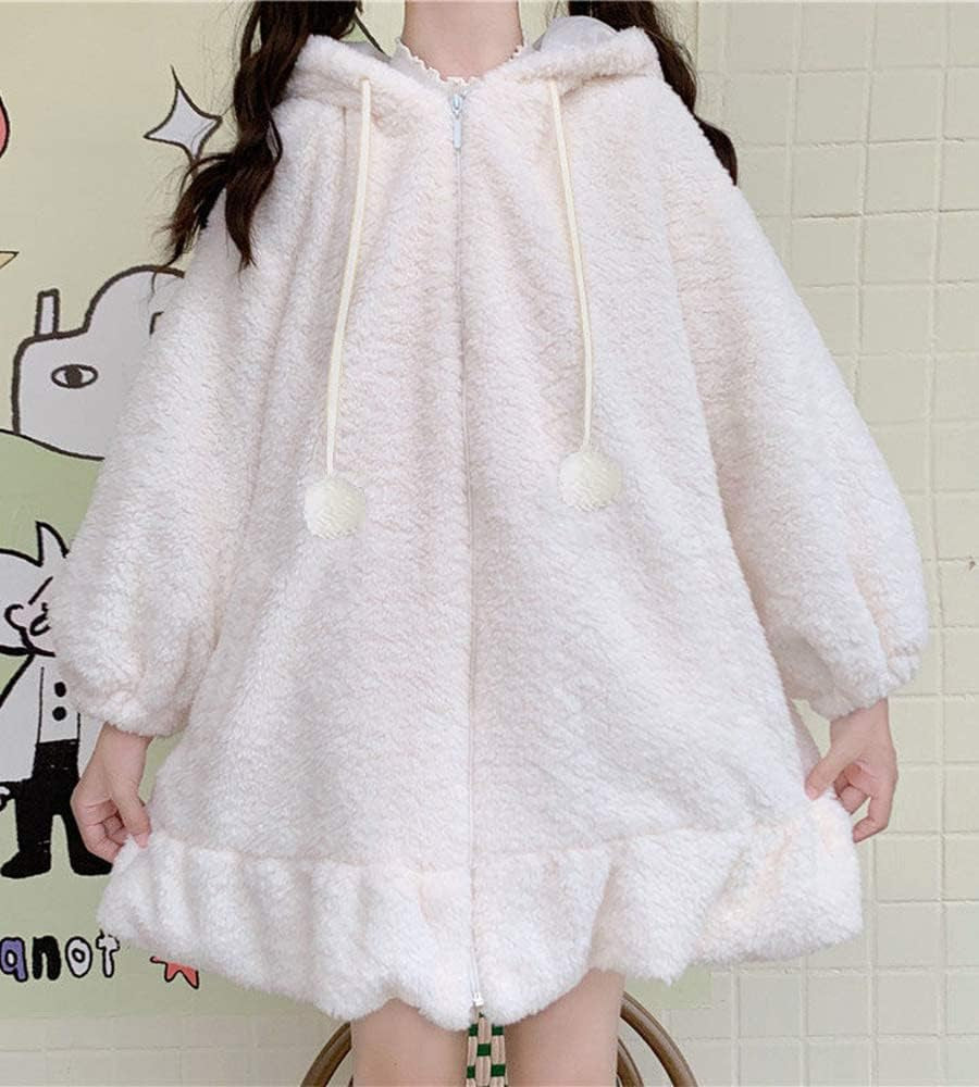 Kawaii Anime Bunny Ear Hoodies for Women Sweet Lovely Fuzzy Fluffy Rabbit Sweater Tops Cosplay Jacket Coats