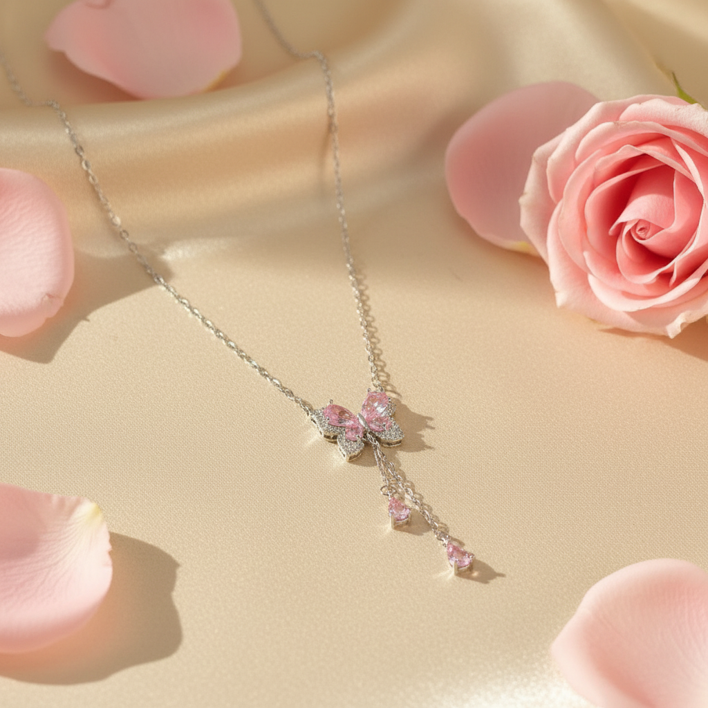 Papillon Rose — Flat Lay on Cream Silk