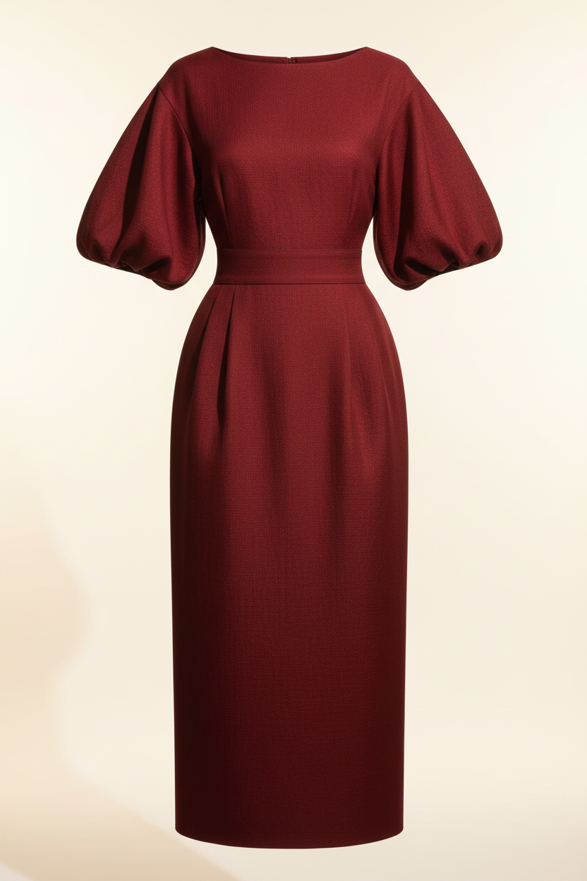 Wine red puff sleeve midi dress - product shot - BYS Boutique