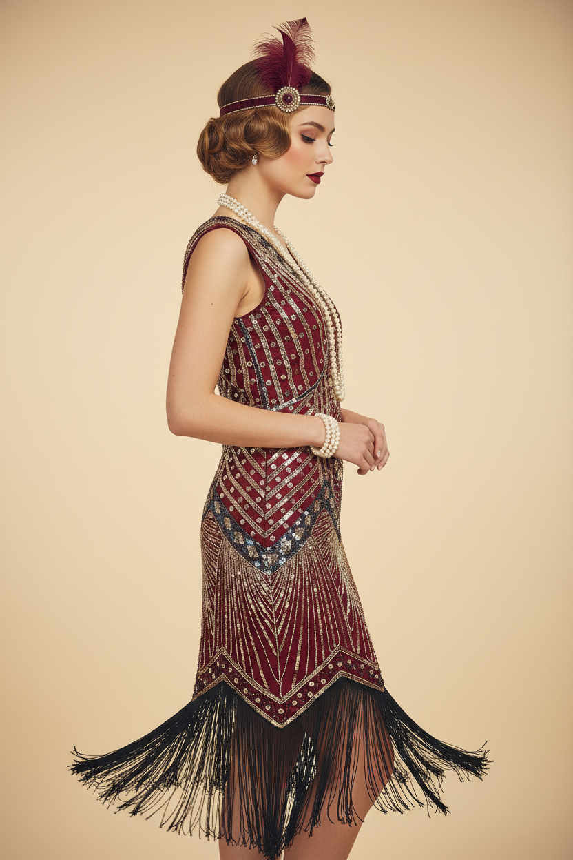 Model wearing burgundy gold 1920s flapper dress side profile