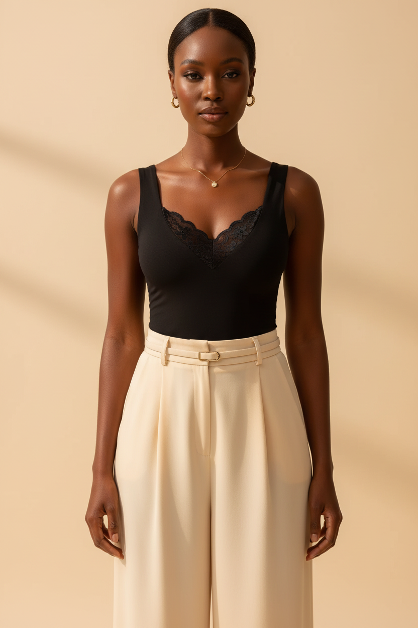 Black lace detail V-neck tank top - front view - BYS Boutique