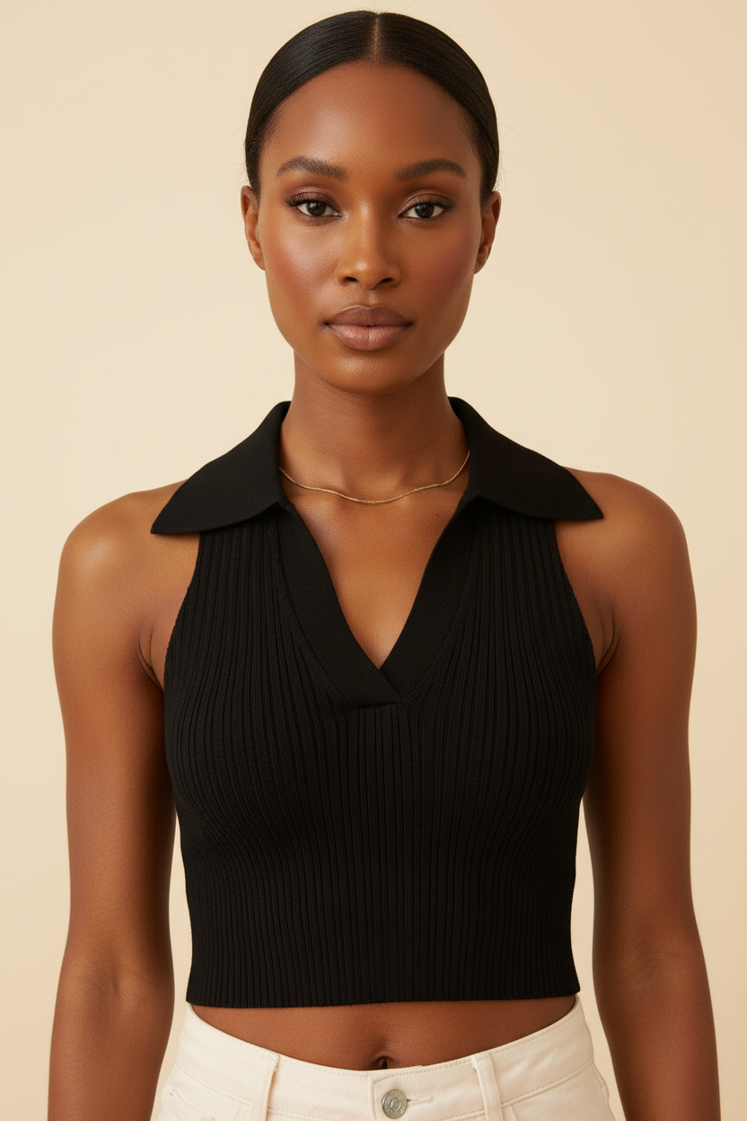Model wearing black ribbed knit collar crop top