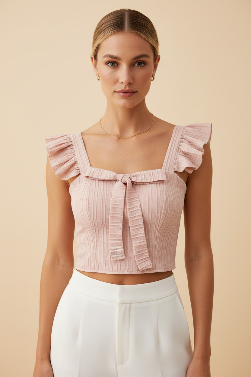 Model wearing blush pink ruffled square-neck crop top