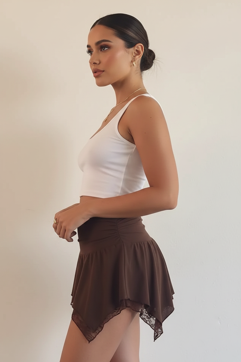Brown asymmetric lace trim ruched mini skirt - side profile - BYS Boutique
