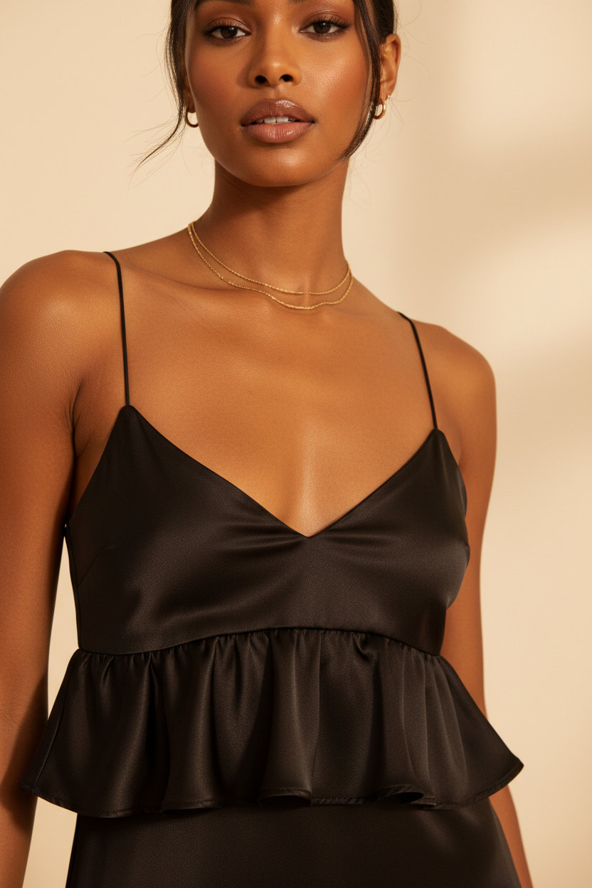 Ruffle Hem Satin Slip Dress Black - Detail