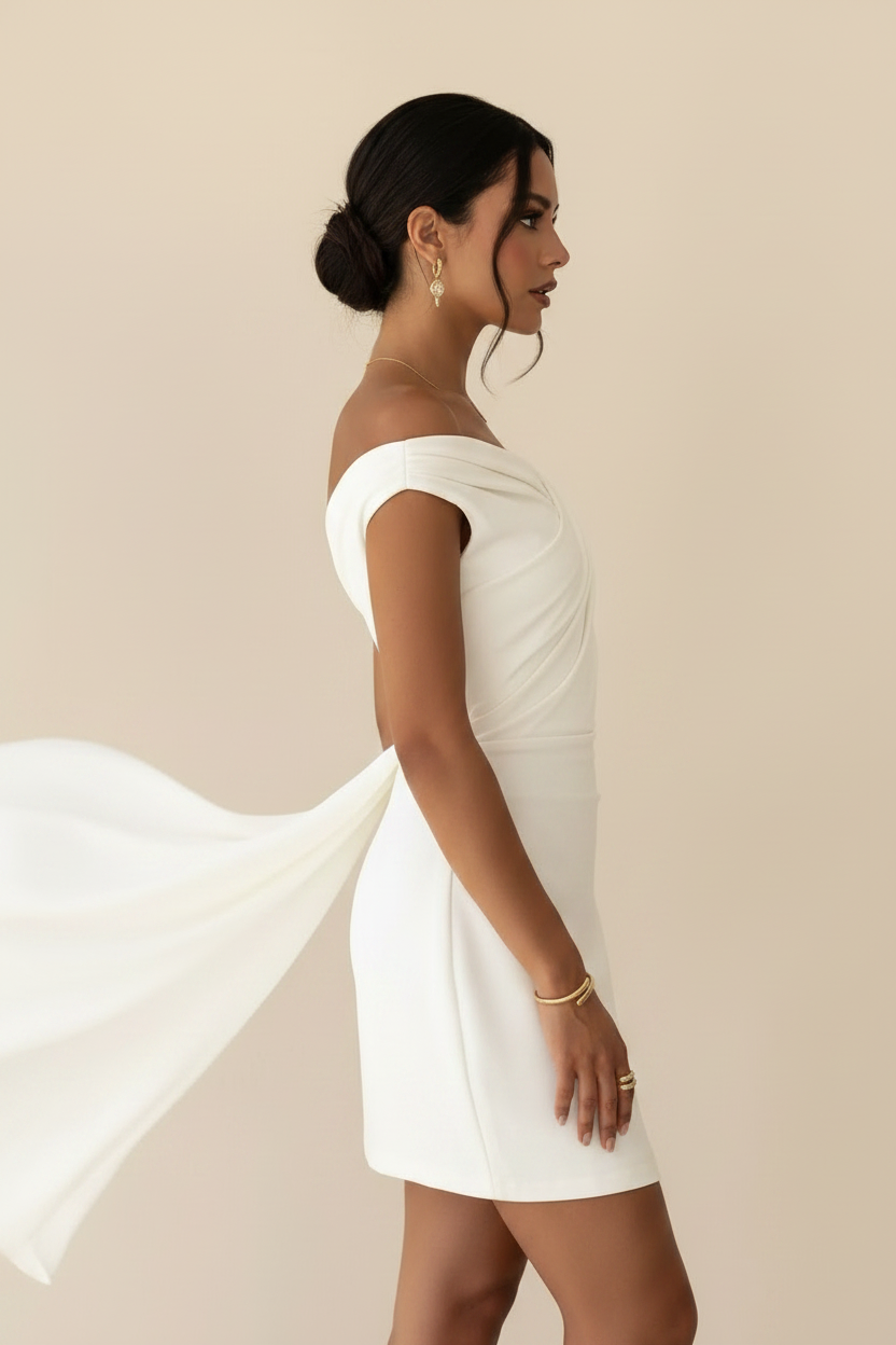 White off-shoulder draped mini dress - side profile - BYS Boutique