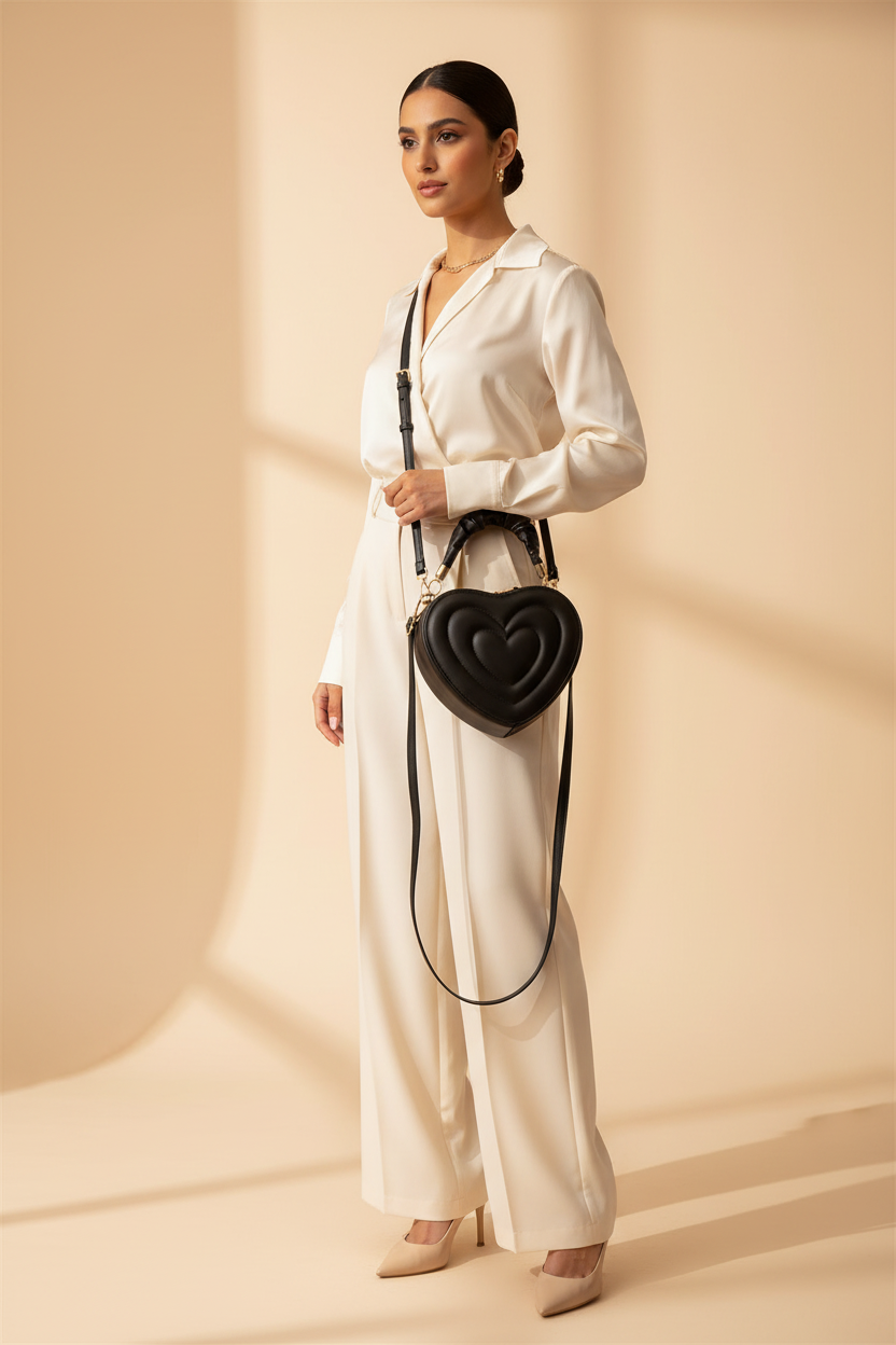 Heart Shape Crossbody Bag - Model 1 Black Full Length