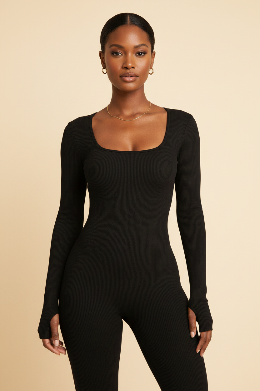 Model wearing black seamless ribbed long-sleeve jumpsuit