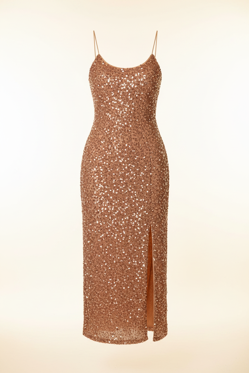 Camel spaghetti strap slit midi dress - product shot - BYS Boutique