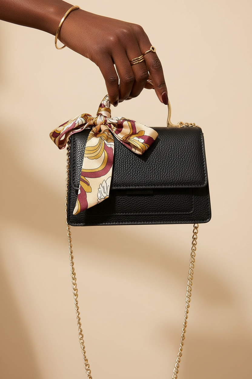 Black textured crossbody handbag with gold chain strap