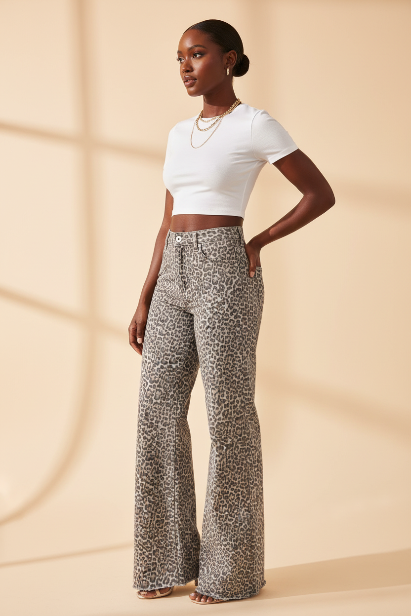 Grey leopard wide leg high waist jeans - three quarter pose - BYS Boutique