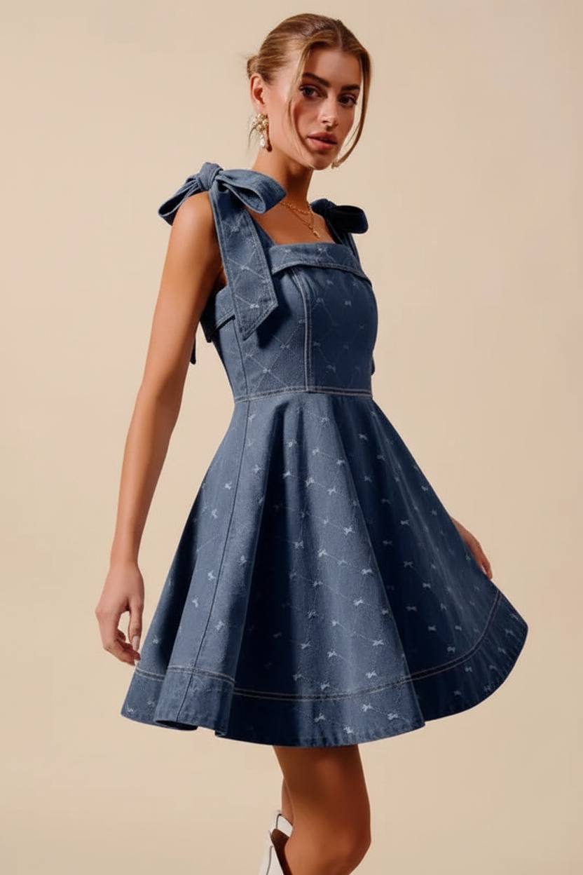 Denim A-line bow strap mini dress - bow detail - BYS Boutique