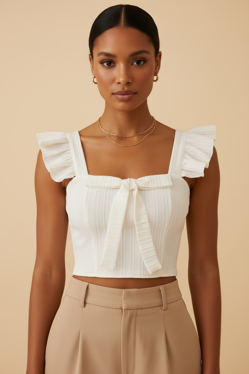 Model wearing white ruffled square-neck crop top
